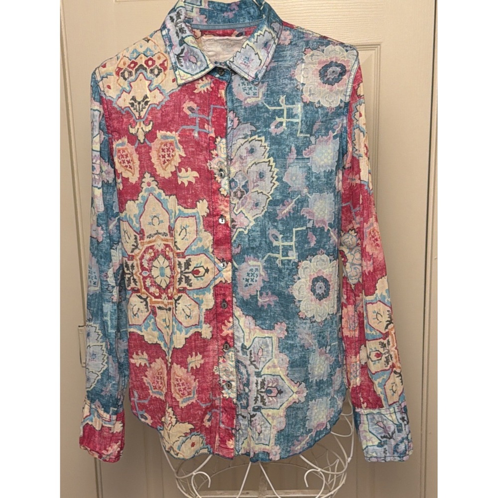 Cino Womens Mixed Floral Geometric Crinkle Cotton Blouse Gauzy Summer Boho
